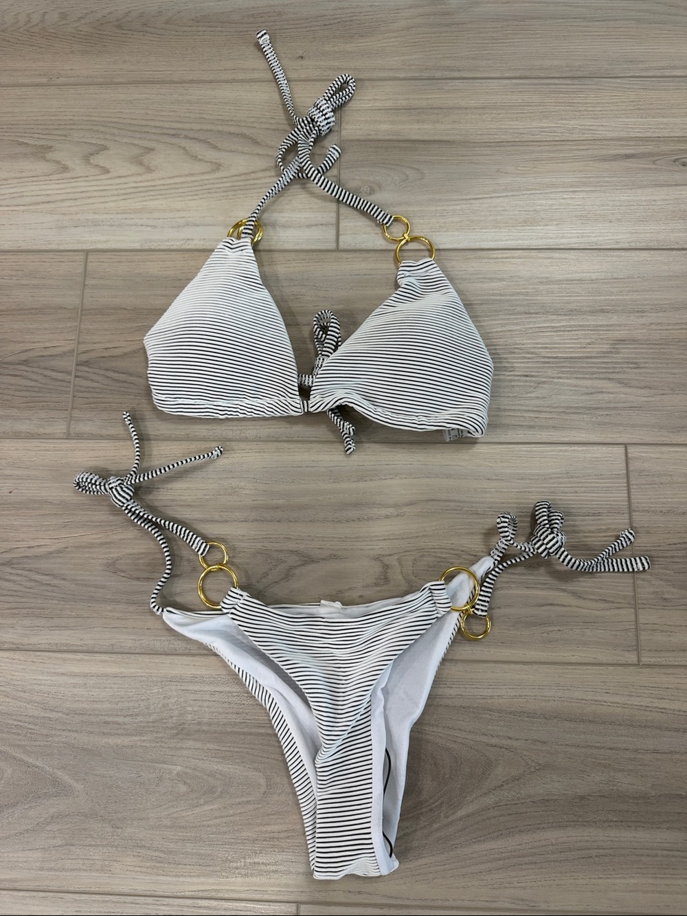 Striped Black & White Ring-Detail Bikini Set